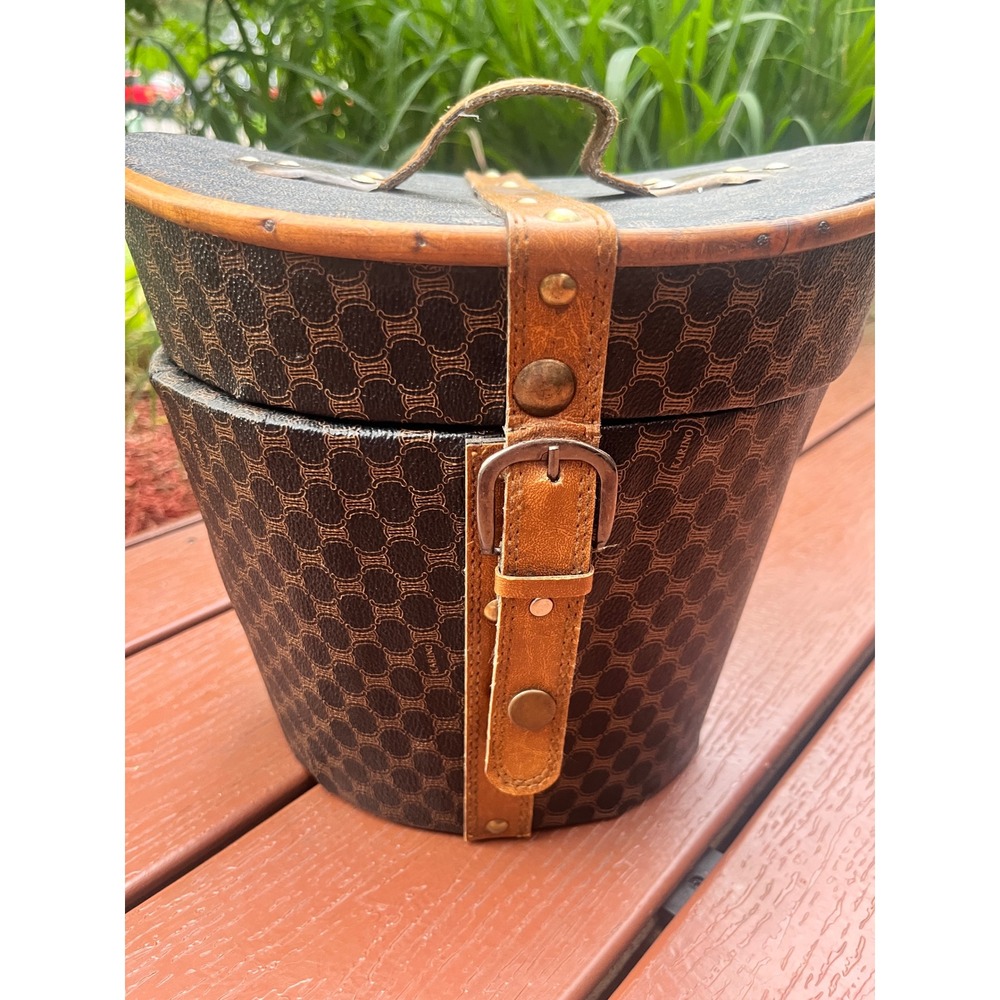 Vintage Karino Macadam Monogram Wood Bucket Box Leather Trim Vanity Case